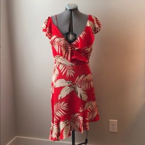 Lucy Paris Red palm leaf hi low dress L NWT